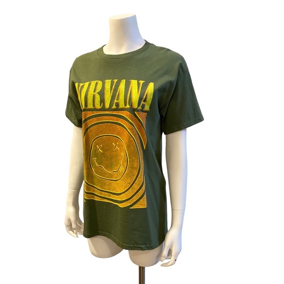 NWOT NIRVANA Smiley Face Logo Tshirt in Army Green, size Medium - Picture 8 of 8